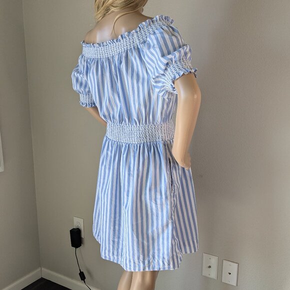 J Crew Mini Dress Women's Medium Blue White Stripe Off-Shoulder Smocked Poplin - Picture 4 of 14